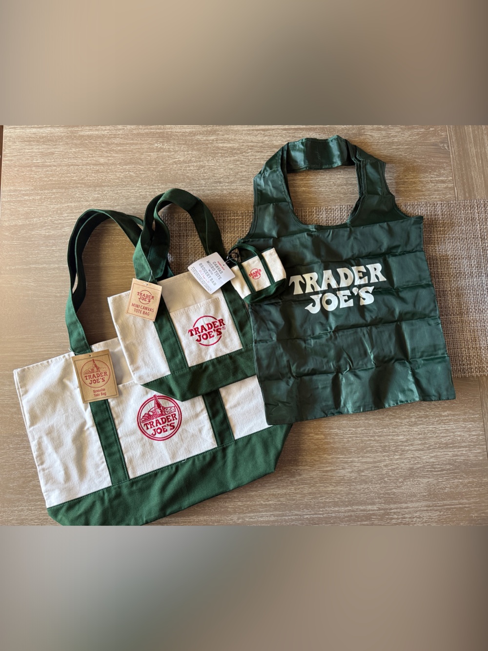 Trader Joe’s Canvas Tote set in  Cream & Dark Green Canvas